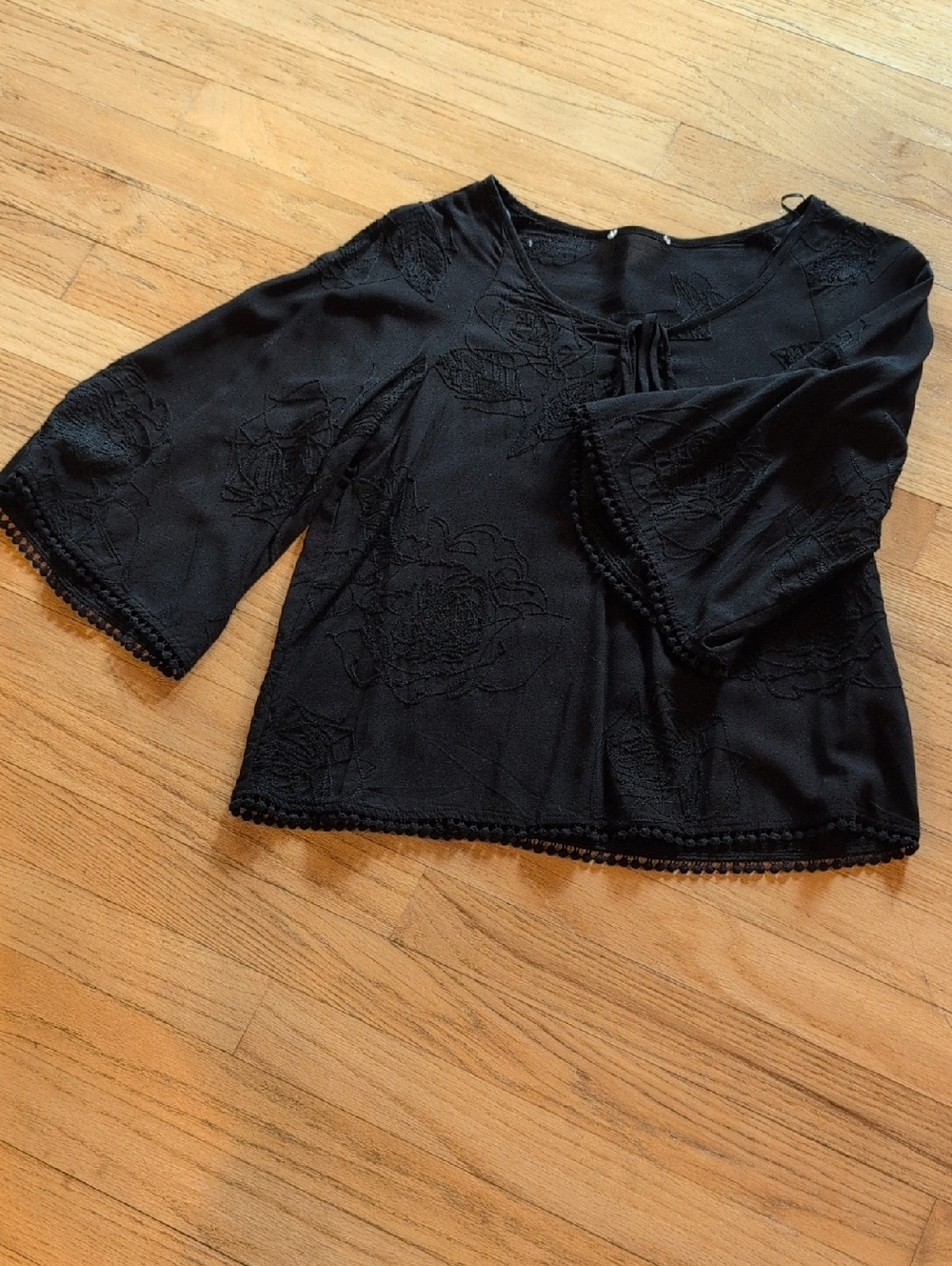 Women's Black Embroidered Bell-Sleeve Blouse with Tie Neck